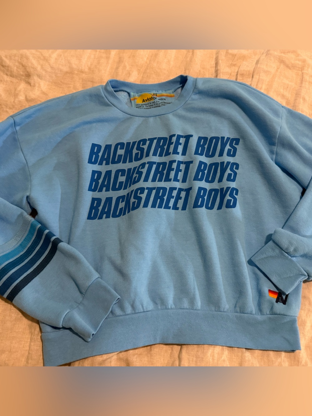 Aviator Nation Light Blue Crewneck with Navy Lettering Backstreet Boys, new